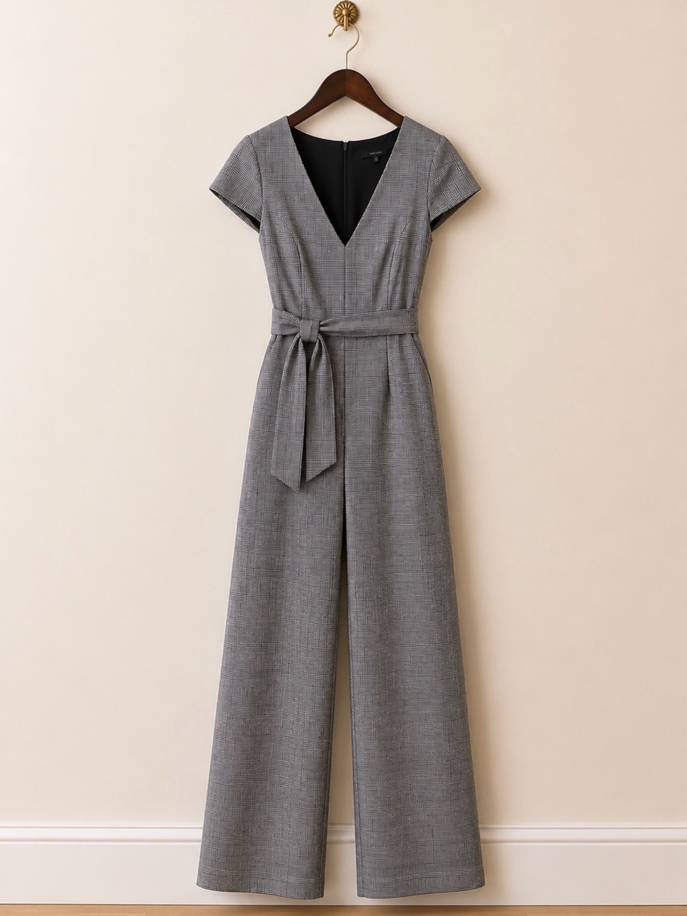 Ann Taylor Gray Glen Plaid Wide-Leg Jumpsuit with Tie Waist